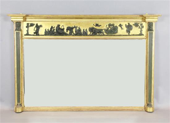 A large Regency parcel ebonised and gilt overmantel, W.5ft 4.5in. H.3ft 5.5in.